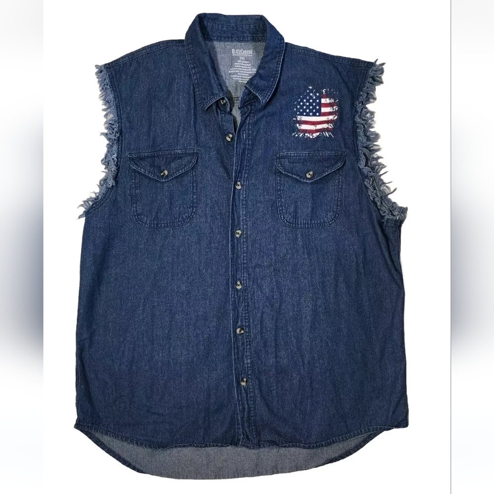 American Trucker Patriotic Flag Denim Shirt Trucks Men's 3XL Blue Jean Vest EUC